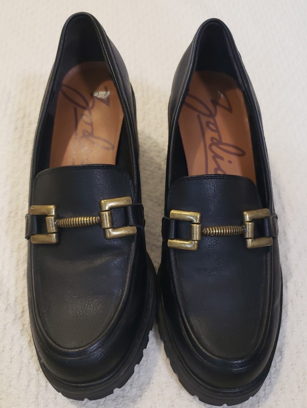 Black Leather Women’s Loafers with Gold Buckle